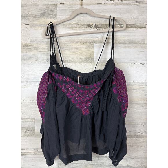 Free People Women’s Small Black Purple Vacay Vibin’ Embroidered Shoulder Top - Picture 3 of 8